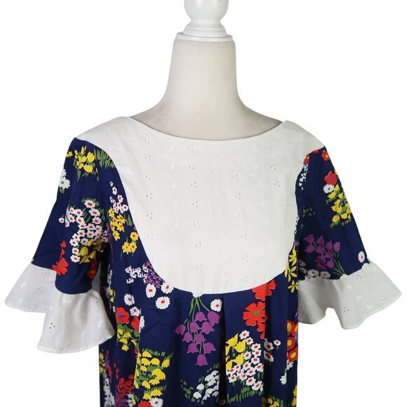 Vintage 70s Navy Blue Floral Print Muumuu Maxi Dress L - Picture 2 of 5